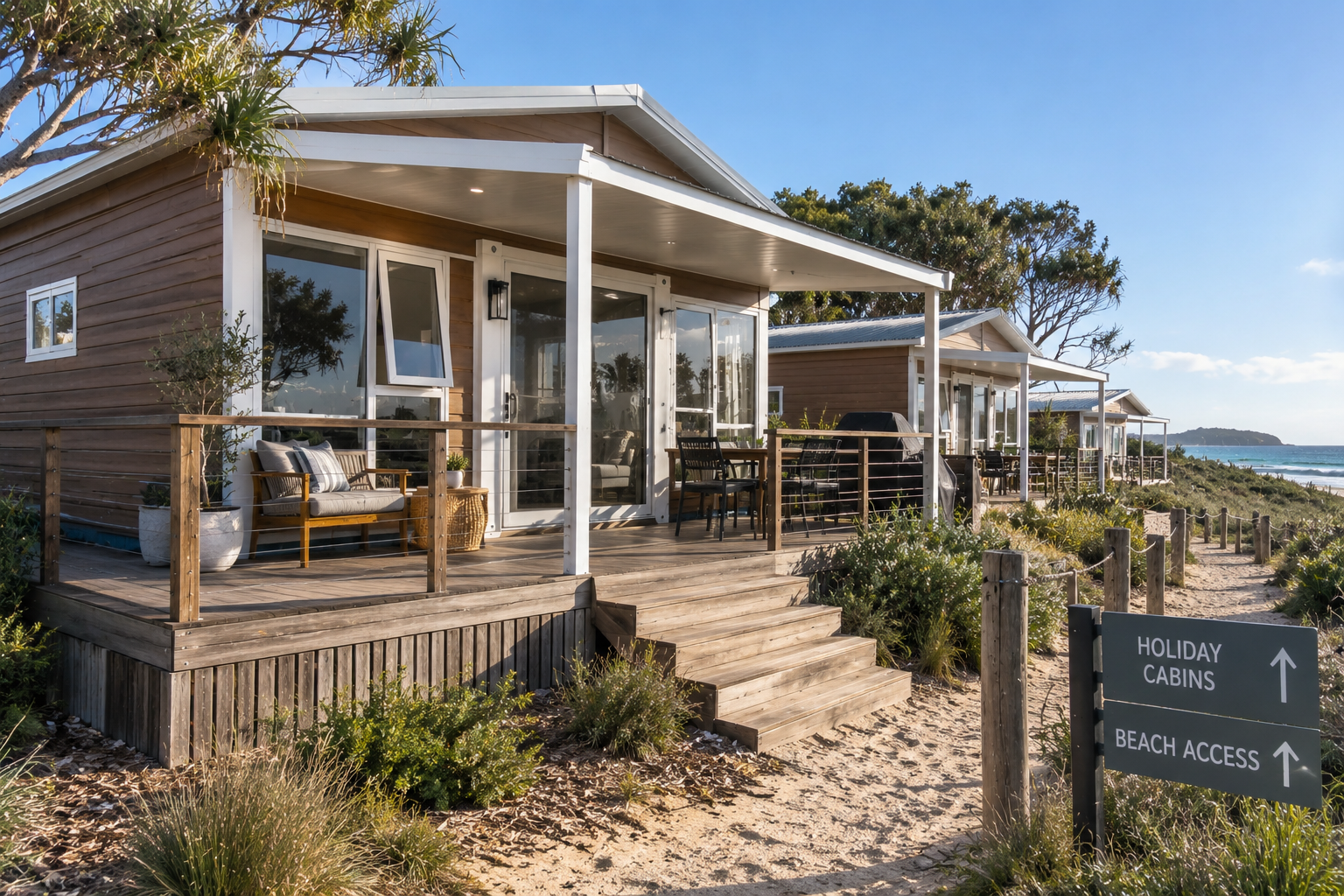 Holiday cabins beside the beach in a coastal tourist park