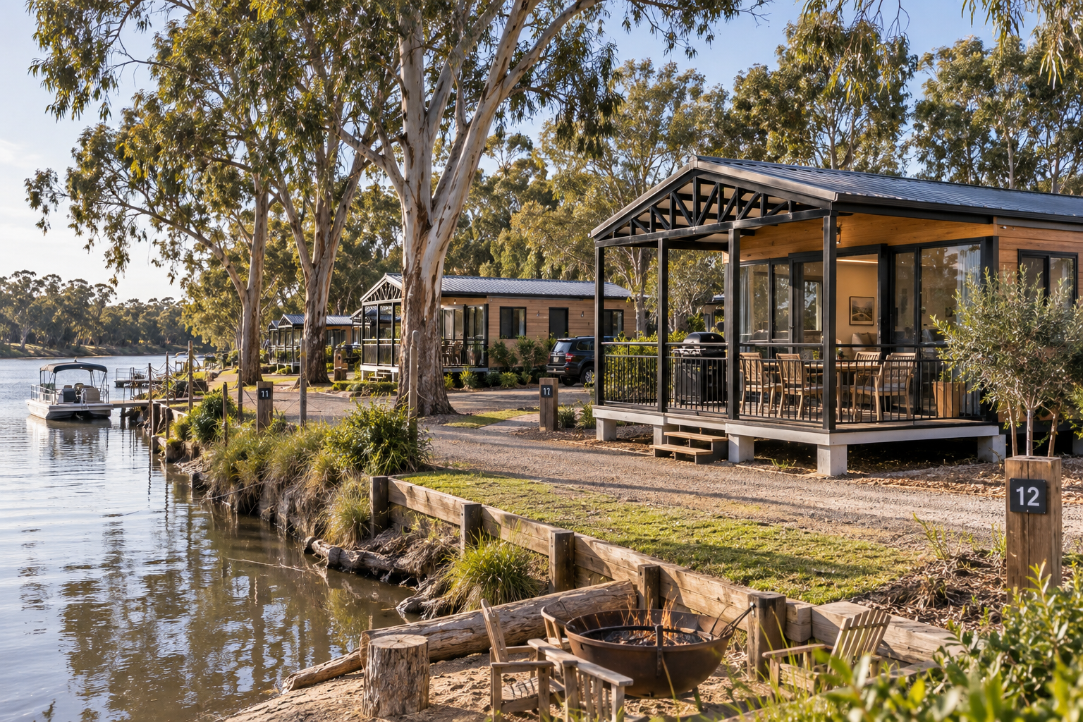 Cabins in a riverside holiday park setting